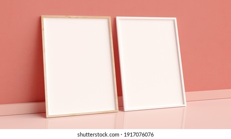 Two elegant photo frames mockup on the floor leaning against the wall in 3D rendering. Modern home interior design, blank empty frame template, nordic style