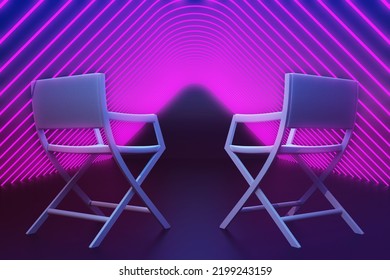 Two Empty Chairs In A Neon Hallway. 3d Rendering