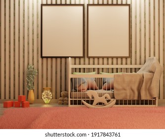 Two Empty Frames Above Crib In Night Interior. Template For Pictures And Lettering. 3D Rendering.