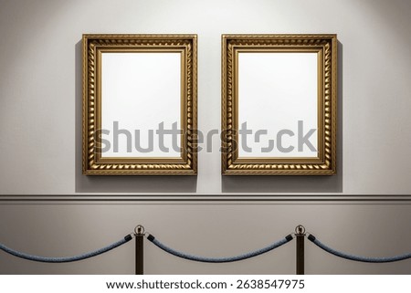 Two empty golden classic frames hanging on museum wall under spotlight with rope barrier in clean modern corridor interior. 3D Rendering