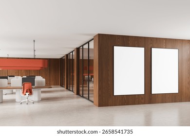 Two empty poster mockups on wooden wall in modern office interior, clean and bright environment with minimal layout, concept for art or design. 3D Rendering