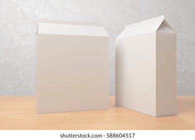 Two empty white cardboard packages for cereal on light background. Advertisement concept. Mock up, 3D Rendering