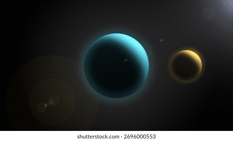 Two enigmatic planets float in the cosmic void, shrouded in darkness and illuminated by distant stars. their hues contrast against the vast, silent expanse of the universe.