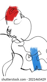 Two extravagant girls in profile lean each other and red paint smudges lips  blue eyes  Abstract portrait drawn by hand and black line  red   blue smudges white  Minimal line art 