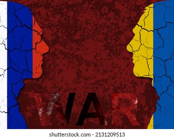 Two faces painted with flags shows the concept of war between Ukraine and Russia.