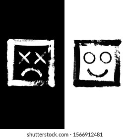 The two faces  smiling   sad face expression inside squares  monochrome illustration  Happiness versus depression concept  black   white 