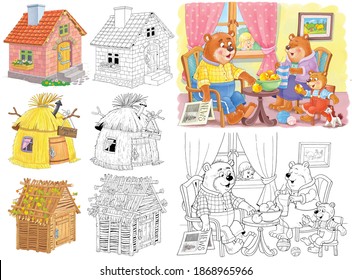 Two fairy tales with cute forest animals. Three little pigs. Goldilocks and the three bears. Coloring page. Coloring book. Cute and funny cartoon characters