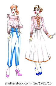 Two Fashion Sketches Of Women's Clothing Colorful Dress And Pantsuit For Office