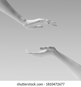 Two female hand sculptures giving, showing some product, isolated on white. Mannequin hands presenting gesture 3d illustration.