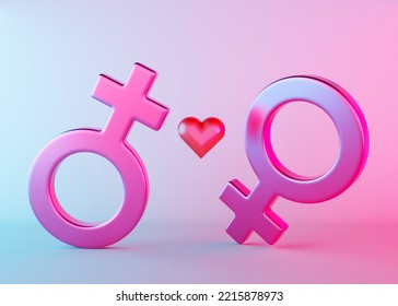 Two Female Sex Symbols With Heart And Neon Light. Venus Symbol For Women. Gender Sign. Love, LGBT Community. Lesbians Couple, Relationship. Diversity, Homosexuality, Equal Marriage. 3D Illustration