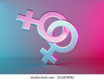 Two Female Sex Symbols With Neon Light. Venus Symbol For Women. Gender Sign. Love, LGBT Community. Lesbians Couple, Relationship. Diversity, Homosexuality, Equal Marriage. 3D. 3D Illustration