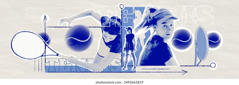 Two female tennis players in motion with racket against light background and blue elements. Minimalist design in blue. Contemporary art collage. Concept of sport, hobby, activity, lifestyle. Banner - Powered by Shutterstock