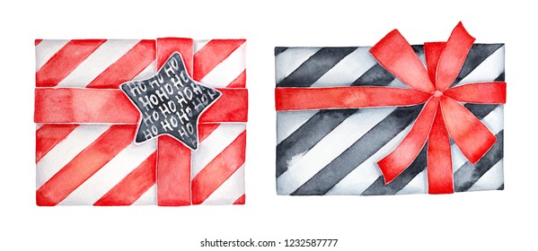 Two Festive Gift Boxes With Striped Christmas Pattern, Beautiful Satin Ribbon And Star Shaped Tag. Hand Painted Water Color Sketchy Drawing On White Background, Cutout Clipart Elements. Top View.