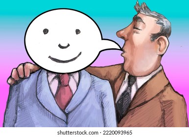 Two figures side by side the speaker covers the listener's face with a smiling bubble brainwashing metaphor