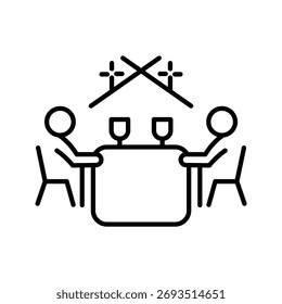 Two figures sit at a table with glasses under a roof structure with decorative crosses.