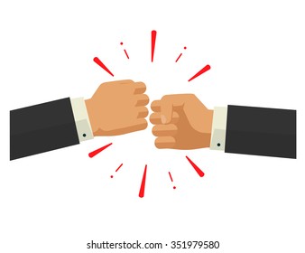 Two fists together illustration, two hands in air bumping together, punching label, fighting cartoon gesture, knocking badge, rock paper scissors game concept, modern design sign isolated