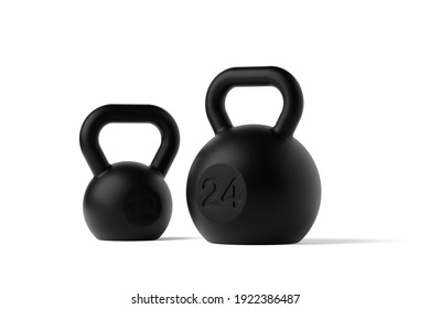 Two fitness gym kettlebells over white background, muscle exercise, bodybuilding or fitness concept, 3D illustration