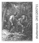 Two fleeing men in the woods, Johannes Christiaan Bendorp, after Reinier Craeyvanger, 1776 - 1847, vintage engraved.