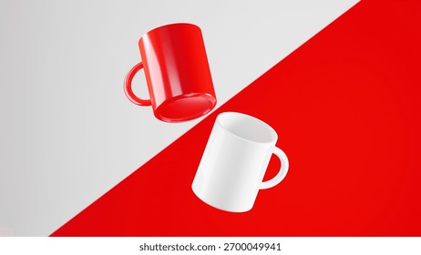 Two floating mugs on a diagonal Red and White background, one White mug and one Red mug.