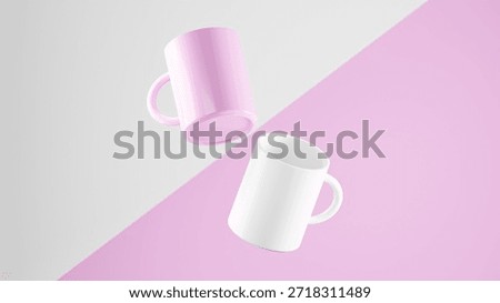 Two floating mugs on a diagonal Electric Lavender and White background, one White mug and one Electric Lavender mug.