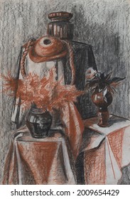 Two Flower Vases With Plants And A Hat On Pedestals. Charcoal Drawing. Coal, Sanguine (red Chalk) And White Chalk. Still Life.