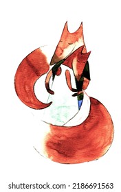 Two foxes embrace each other, intertwining tails. A red fox boy in a green T-shirt hugs a fox girl. Raster drawing in watercolor technique on a white background.