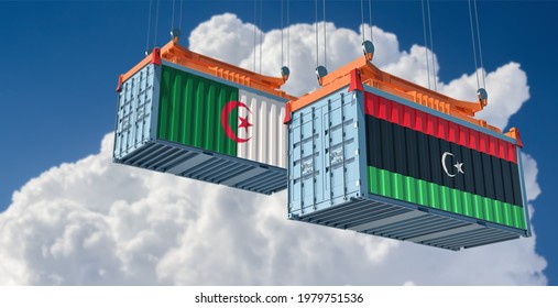 Two Freight Container With Algeria And Libya National Flag. 3D Rendering