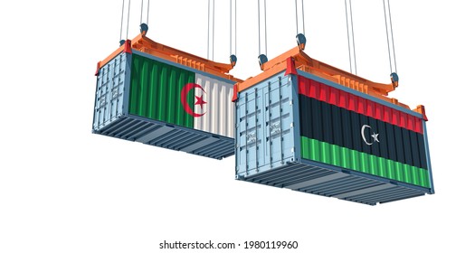 Two Freight Container With Algeria And Libya National Flag. 3D Rendering