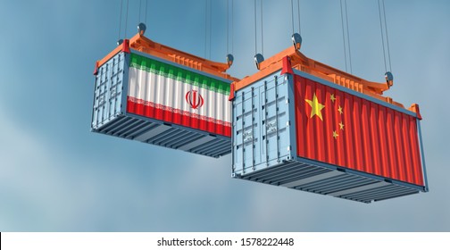 Two Freight Container With Iran And China Flag. 3D Rendering