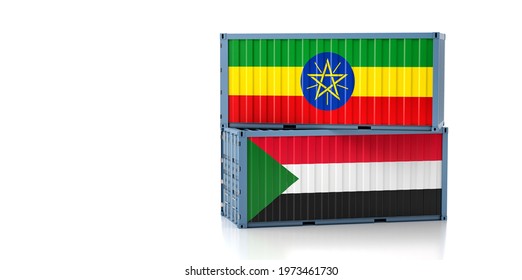 Two Freight Container With Sudan And Ethiopia Flag. Copy Space On The Left Side - 3D Rendering