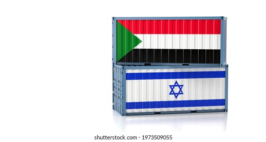 Two Freight Container With Sudan And Israel Flag. Copy Space On The Left Side - 3D Rendering