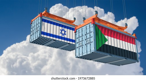 Two Freight Container With Sudan And Israel Flag. 3D Rendering