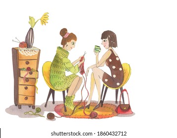 Two Friends Are Chatting In A Room. One Lady Is Knitting, The Other One Is Drinking Tea. Knitting Balls Are Scattered Over The Floor And Also Stick Out Of A Drawer