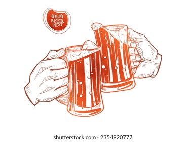 Two friends hands holds cold beer mugs in a gesture cheers. Oktoberfest celebration, traditional German beer festival. Hand drawn sketch. - Powered by Shutterstock