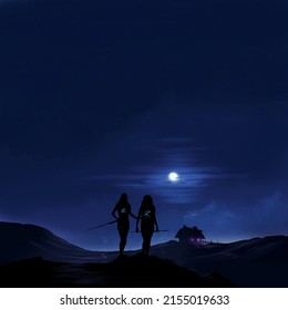 Two Friends In Moonlight And House And Mountains