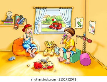 Two Friends Sit Barefoot In The Playroom In Warm Summer And Lick Ice Cream. They Enjoy The Sweet Cooling. The Ice Cream Vendor Can Be Seen Outside The Window. The Broken Piggy Bank Lies On The Floor.