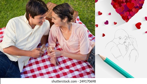 Two friends smiling towards each other during a picnic against sketch of kissing couple with pencil - Powered by Shutterstock