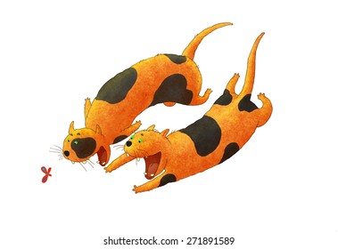 Two funny red cat chasing butterfly