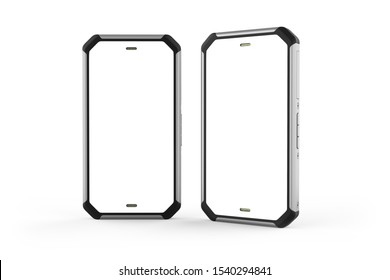 Two Generic Photo Realistic Rugged Smartphone Models With Blank Display In Vertical Position, Isolated 3D Illustration On The White Background.