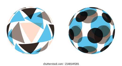 two geometric hollow spheres in blue brown