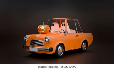 Two ghosts are sitting in an orange car with a pumpkin on a black background isolated 3d Halloween  - Powered by Shutterstock