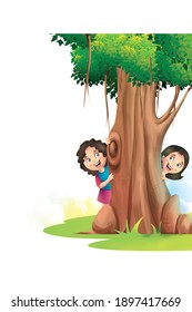 Two Girls Behind The Tree Cartoon Image Illustration