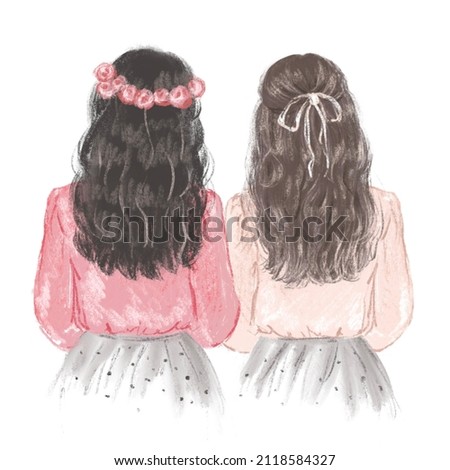 Two girls, best friends in pink blouses. Hand drawn illustration
