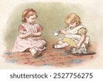 Two Girls Playing (1840-1895) engraving art by Robert Barnes. Young girls kid.   Vintage girls children art drawing illustration, woman female young kids old painting art print.