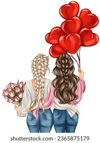 Two girls and red heart balloons   bouquet flowers  Fashion illustration two girls celebrating