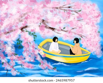 two girls are sitting in a boat two girls are sailing in a boat on the water sailing on the river cherry blossoms are blooming pink tree Japan - Powered by Shutterstock