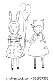 two girls. Small cute girls in the animal hats are standing together. one girl is eating ice cream other is holding balloons