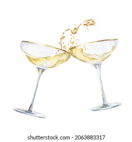 Two glasses of champagne. Watercolor drink illustration.	