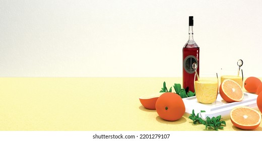 Two Glasses With Gin And Orange On A White And Yellow Background With Oranges, Herbs And A Bottle Of Gin. Cocktail And Mixology. 3d Illustration.