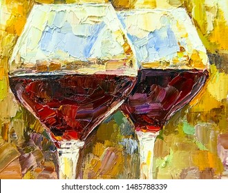 Two glasses of red wine with beautiful reflections at sunset. Palette knife technique of oil painting and brush. - Powered by Shutterstock